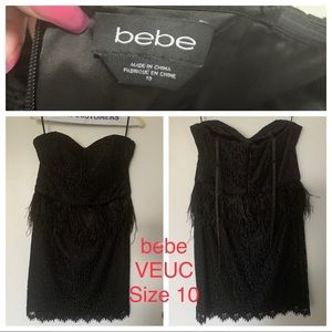 Vintage bebe Lace Bustier Dress with Feather Peplum Black Size 10